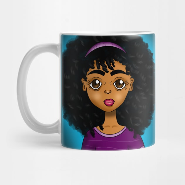 Cute brown skin girl with big curls on blue background by Spinkly Creations 